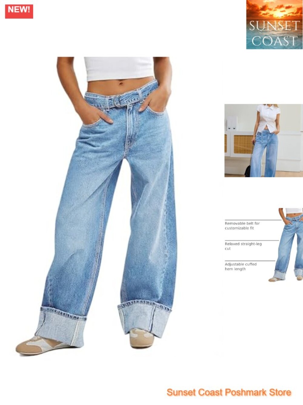 High Waisted Wide Leg Cuffed Jeans Baggy Boyfriend Denim Pants